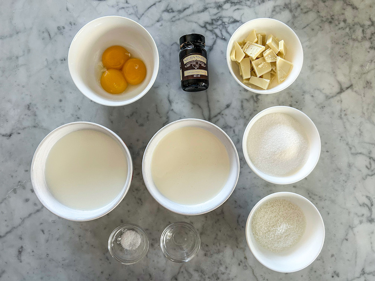 Coconut ice cream ingredients on a marble surface