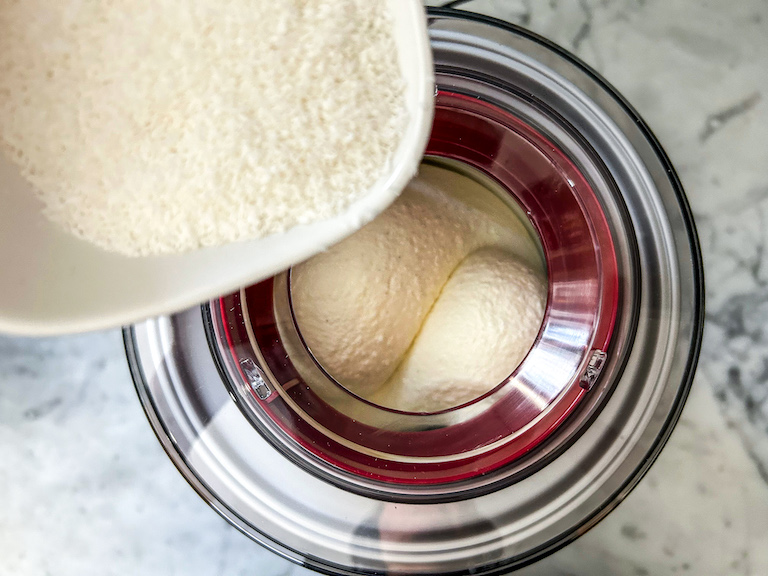 Adding coconut flakes to ice cream maker