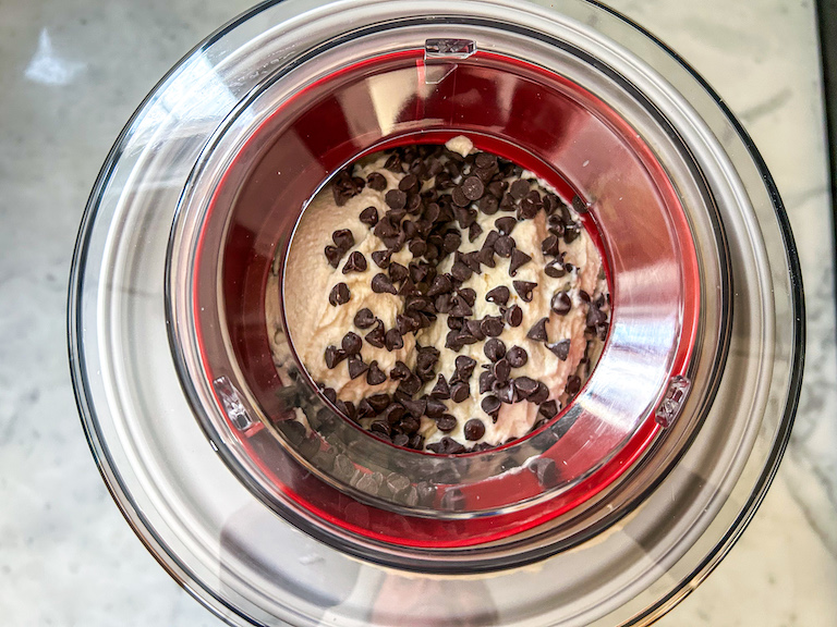 Mini chocolate chips added to ice cream base