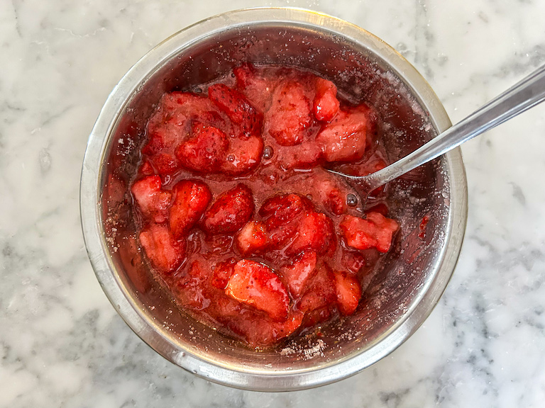 Dish of macerated strawberries