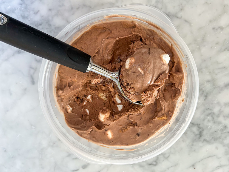 Scoop of smores ice cream in an ice cream scoop