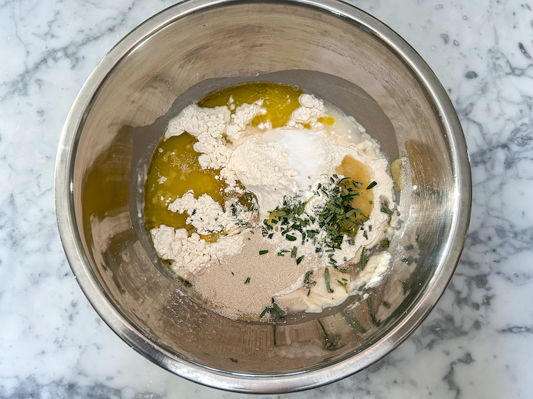 Dry ingredients and olive oil in a bowl