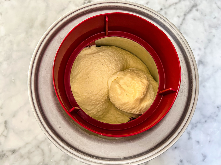 Churned homemade ice cream in an ice cream maker