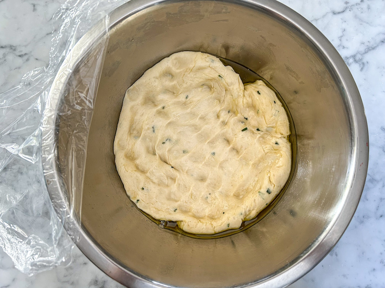 Punched down focaccia bread dough