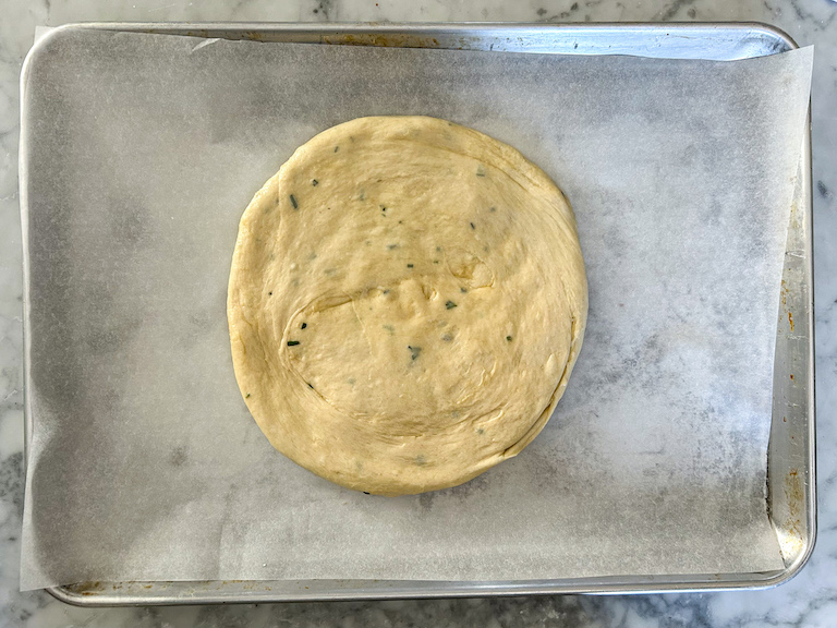 Focaccia dough stretched on a tray