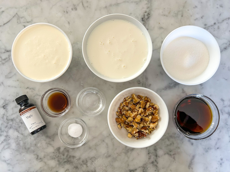 Ingredients for making maple walnut ice cream