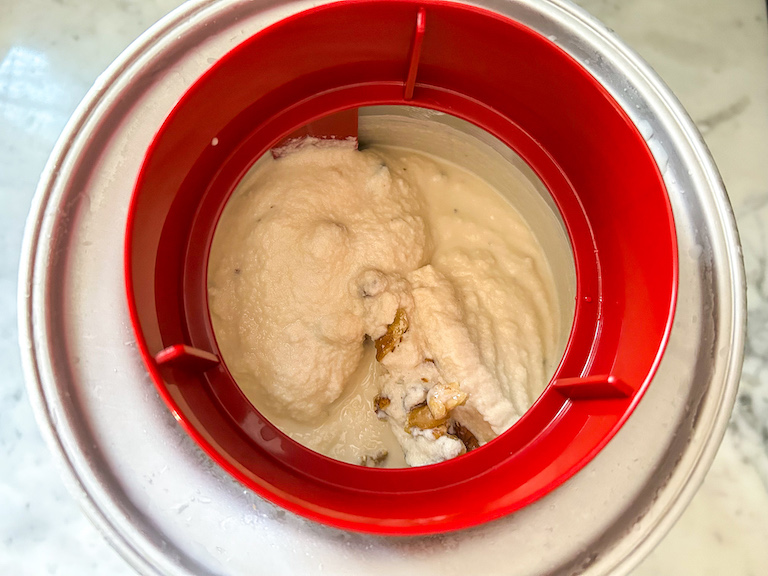 Maple walnut ice cream churning in an ice cream maker