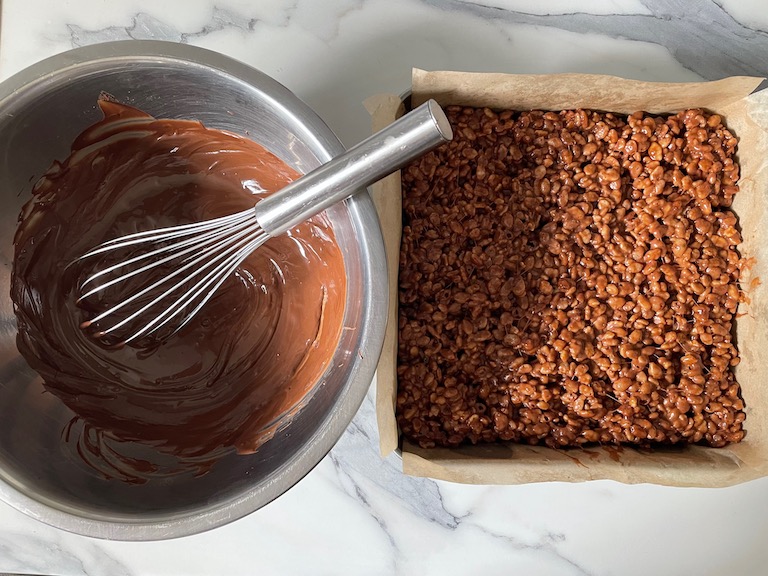 Nutella ganache and a pan of Nutella krispy treats