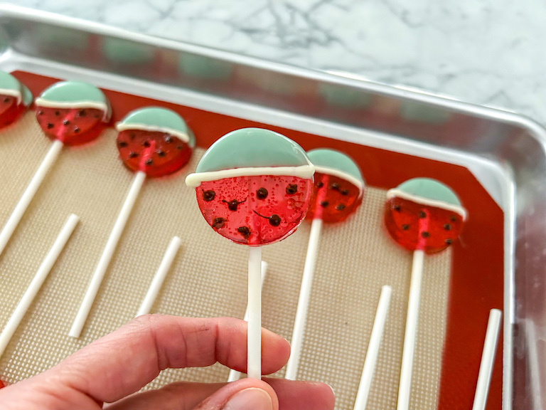 Hand holding a watermelon lollipop