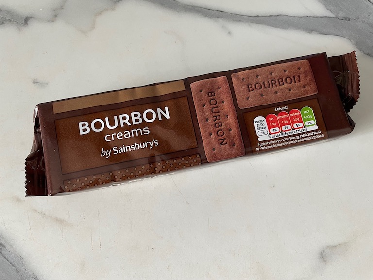 A packet of Sainsbury's bourbon biscuits