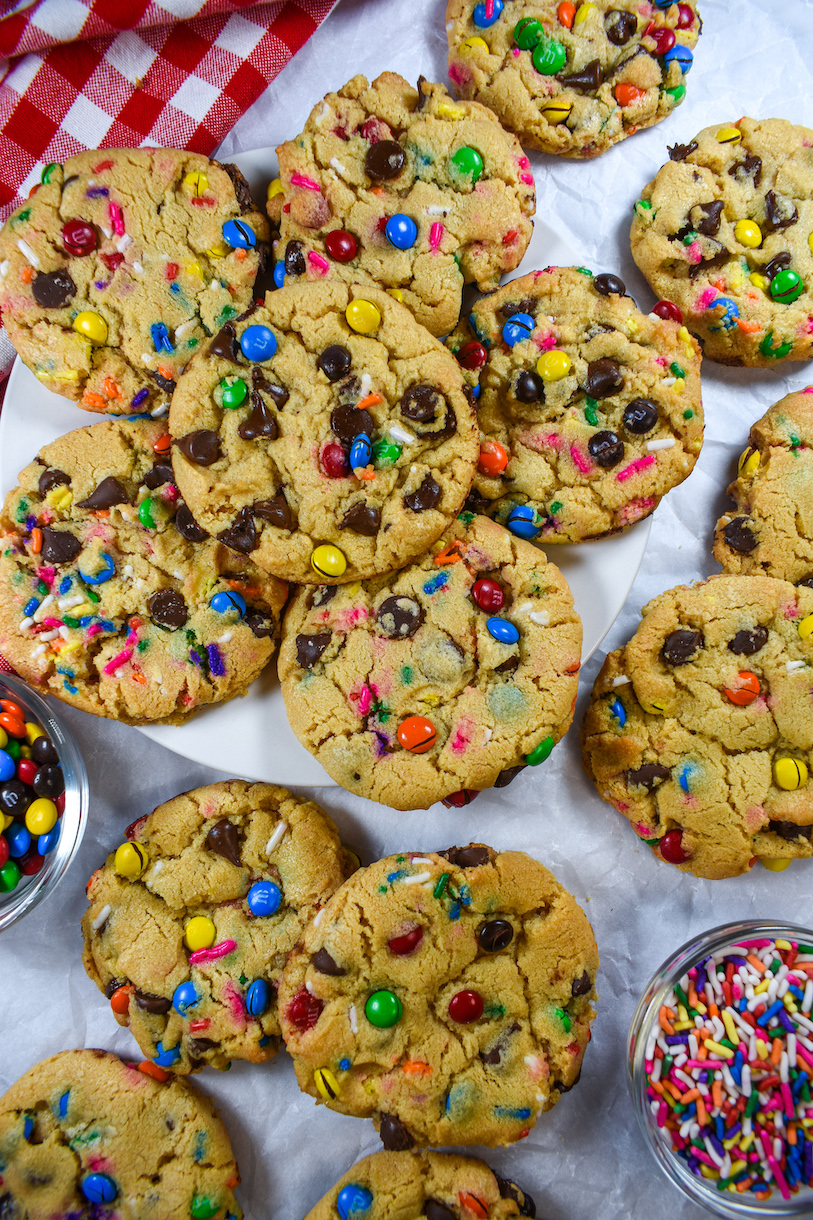 M&M cookies on a white plate