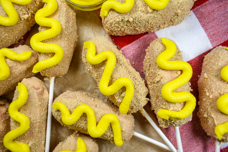 Corn dog cake pops with mustard buttercream