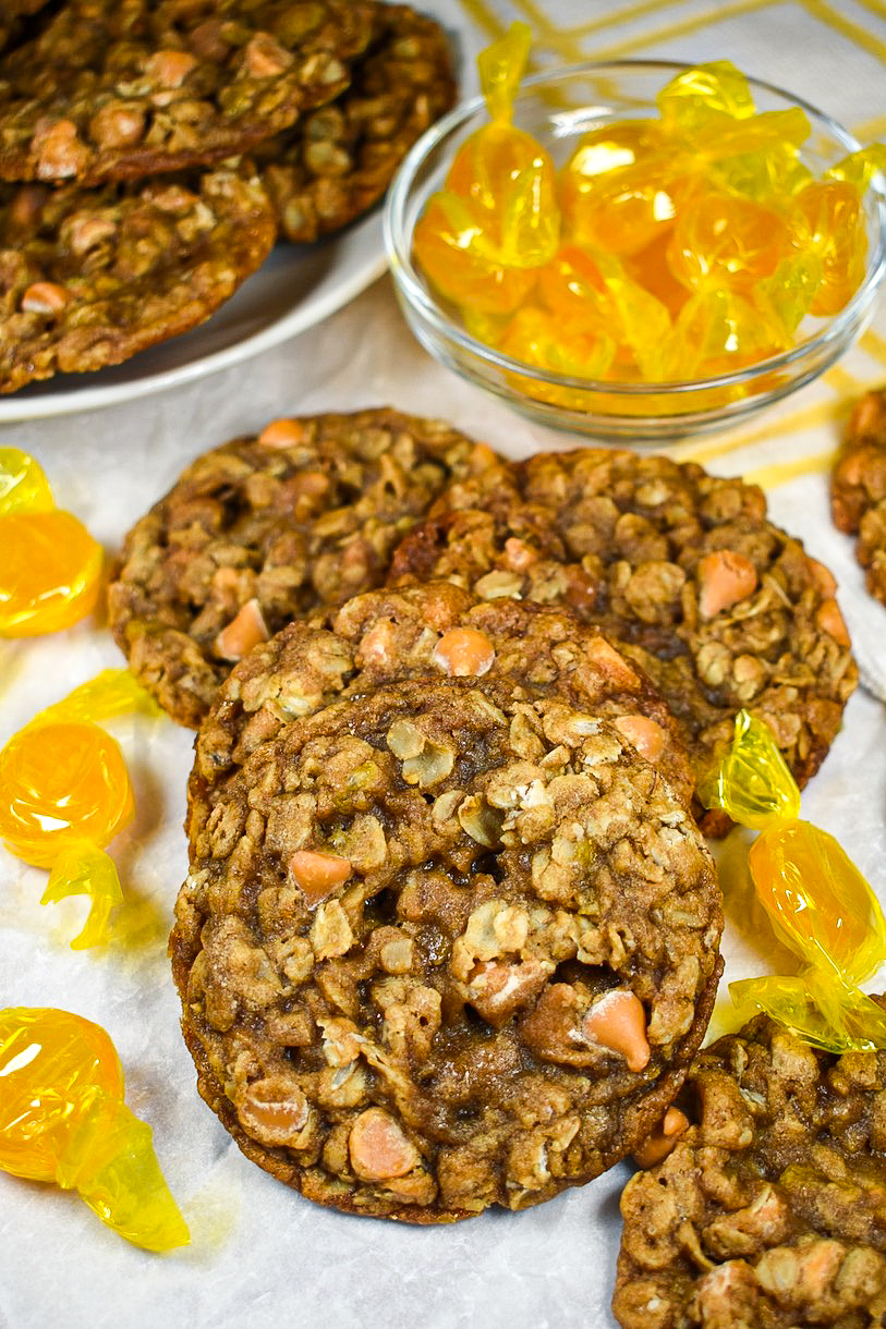 Butterscotch cookies and a dish of butterscotch hard candies