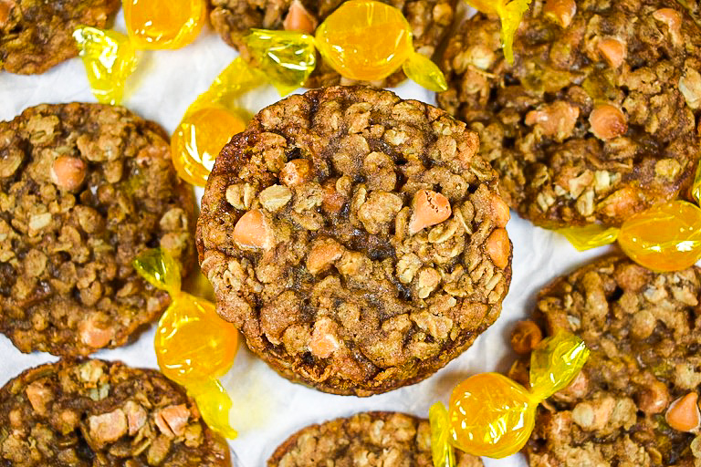 Oatmeal butterscotch cookies surrounded by hard candy