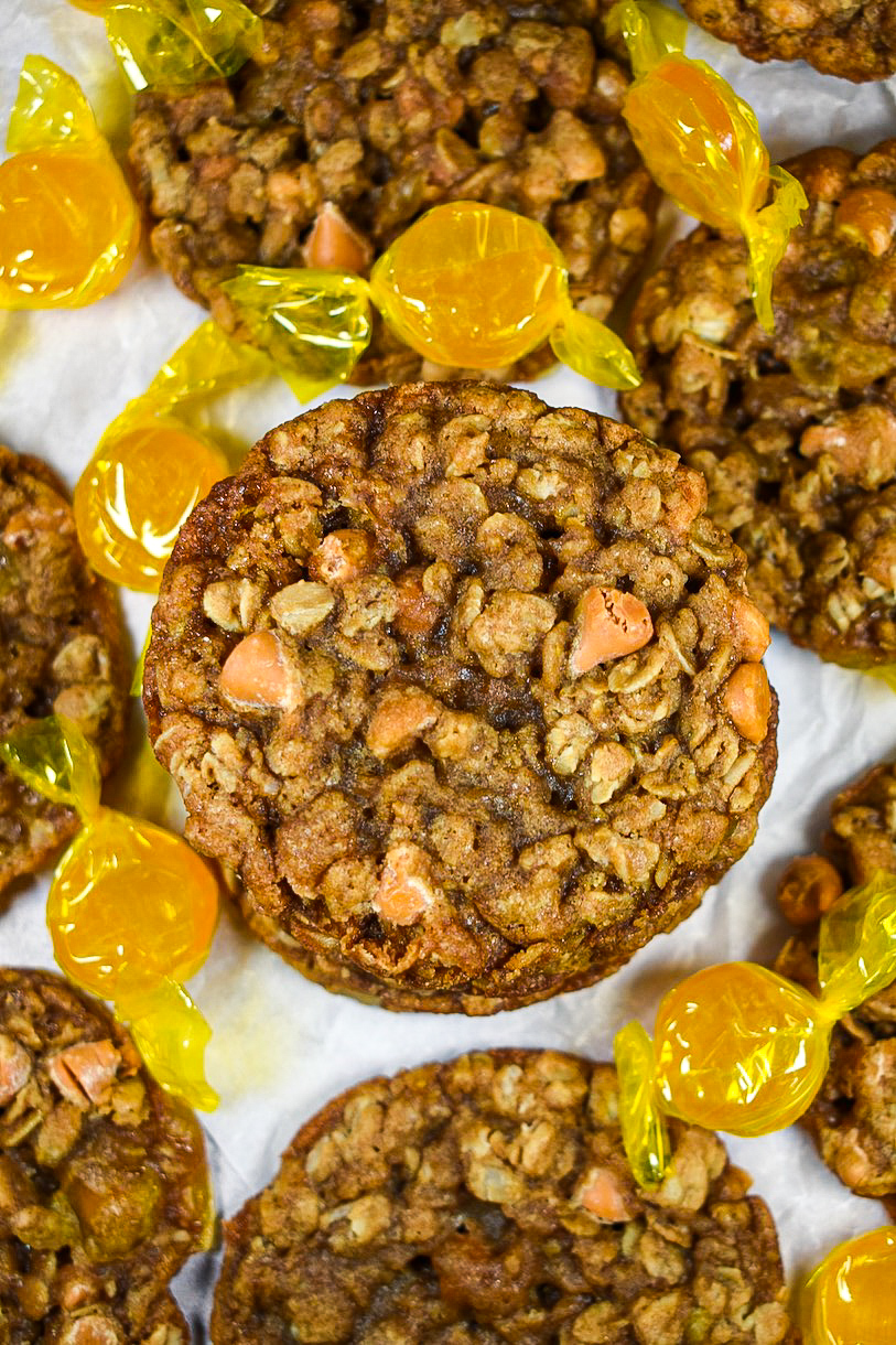 a stack of butterscotch chip cookies