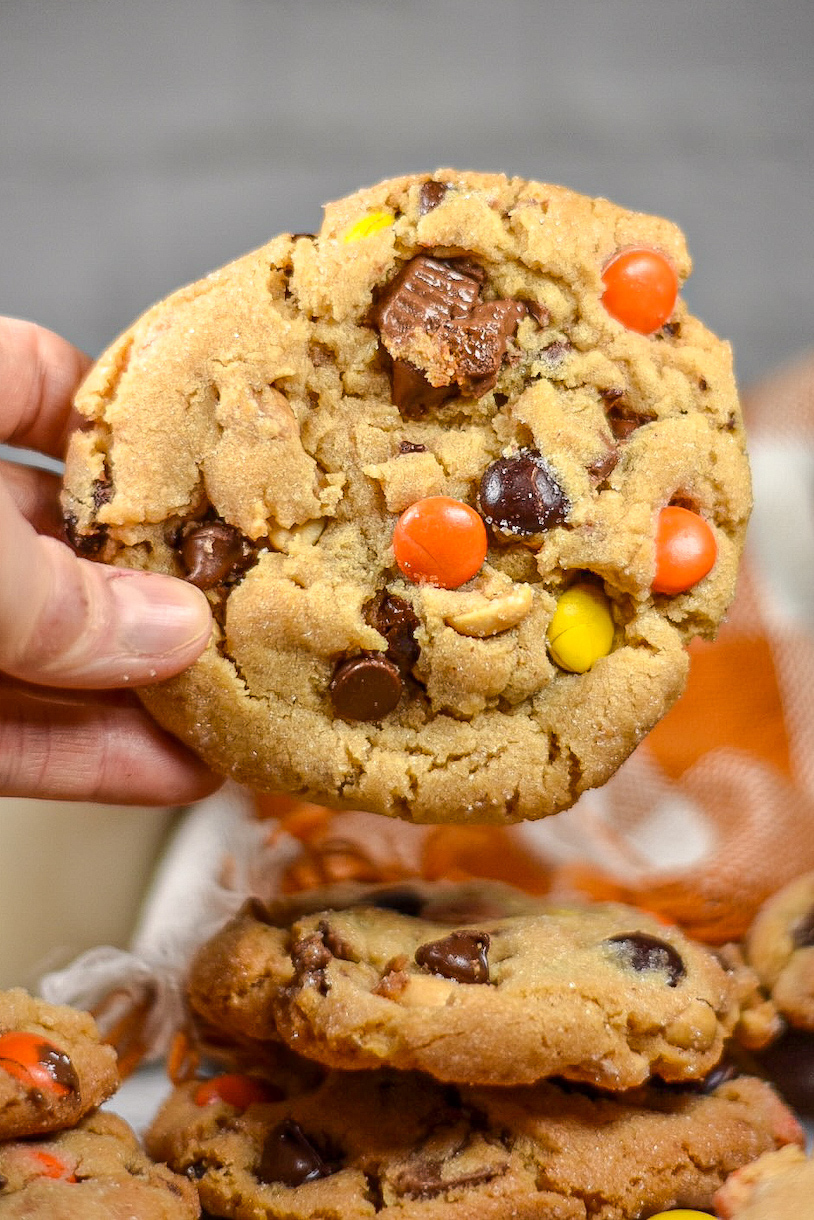 Hand holding a peanut butter cup cookie