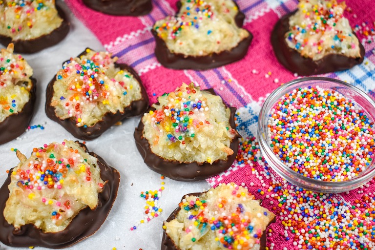 Birthday cake macaroons on a plaid towel