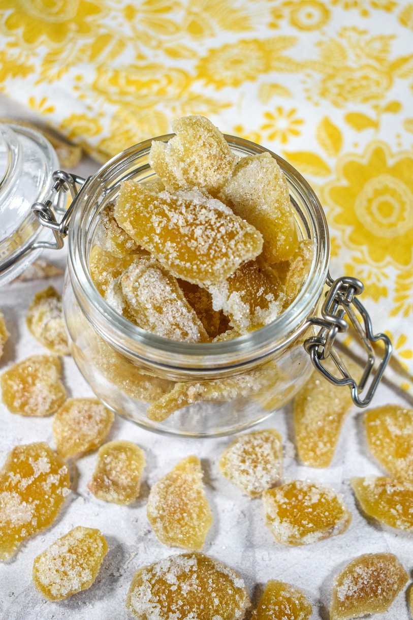 a jar of homemade candied ginger