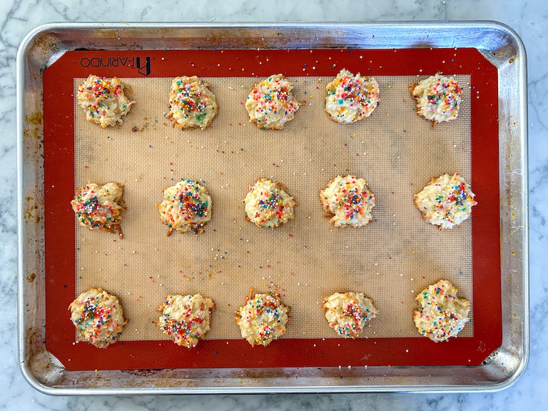 Birthday cake macaroons on a tray