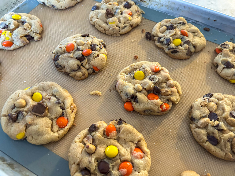 peanut butter cup cookies on a silicone mat