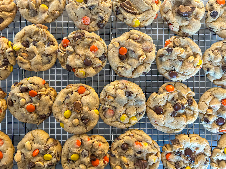 wire rack of peanut butter cookies