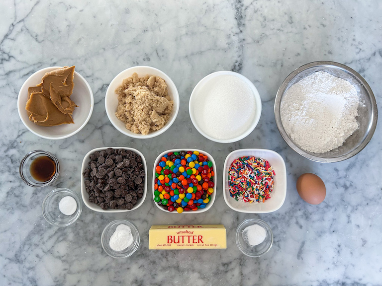 Ingredients for making this peanut butter M&M cookie recipe