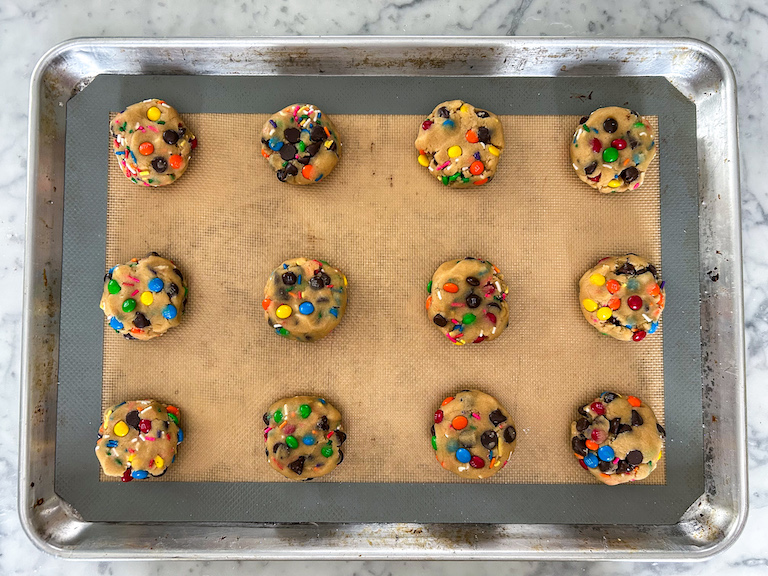 M&M cookie dough on a tray