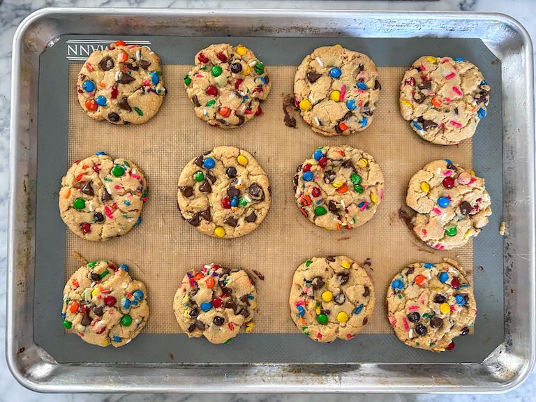 Tray of rainbow peanut butter M&M cookies