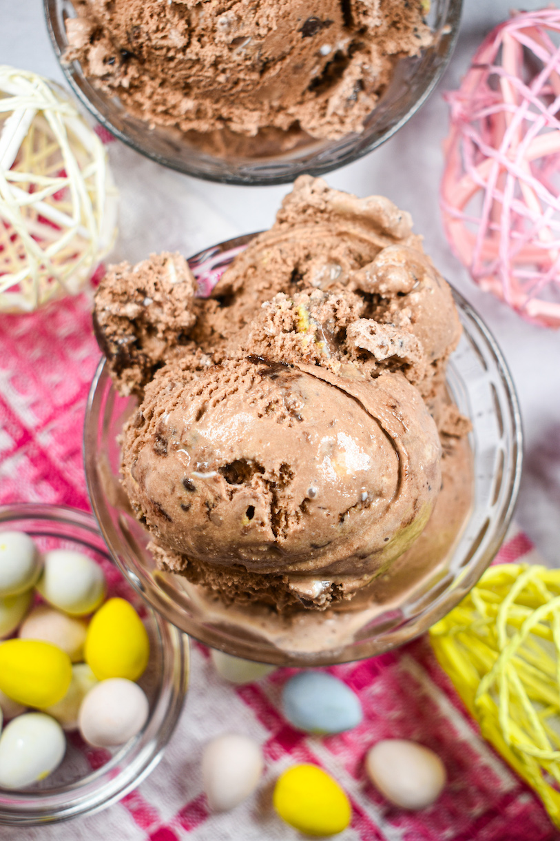 Looking down at a dish of chocolate ice cream