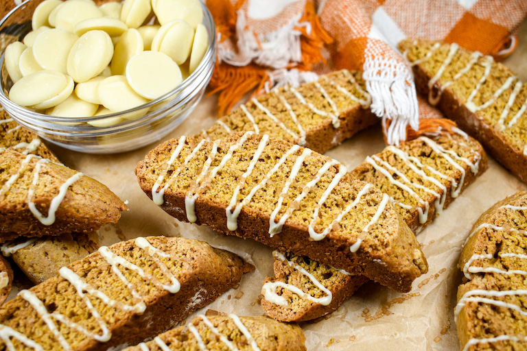 Pumpkin biscotti and a dish of white chocolate callets