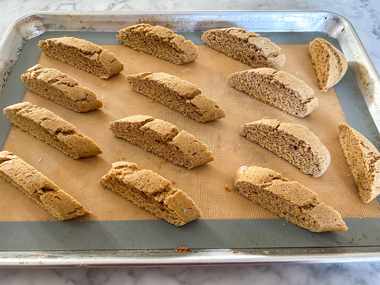 tray of slices of homemade biscotti cookies