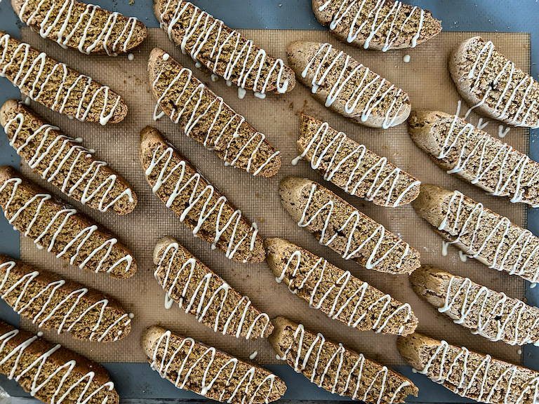 pumpkin biscotti drizzled with white chocolate