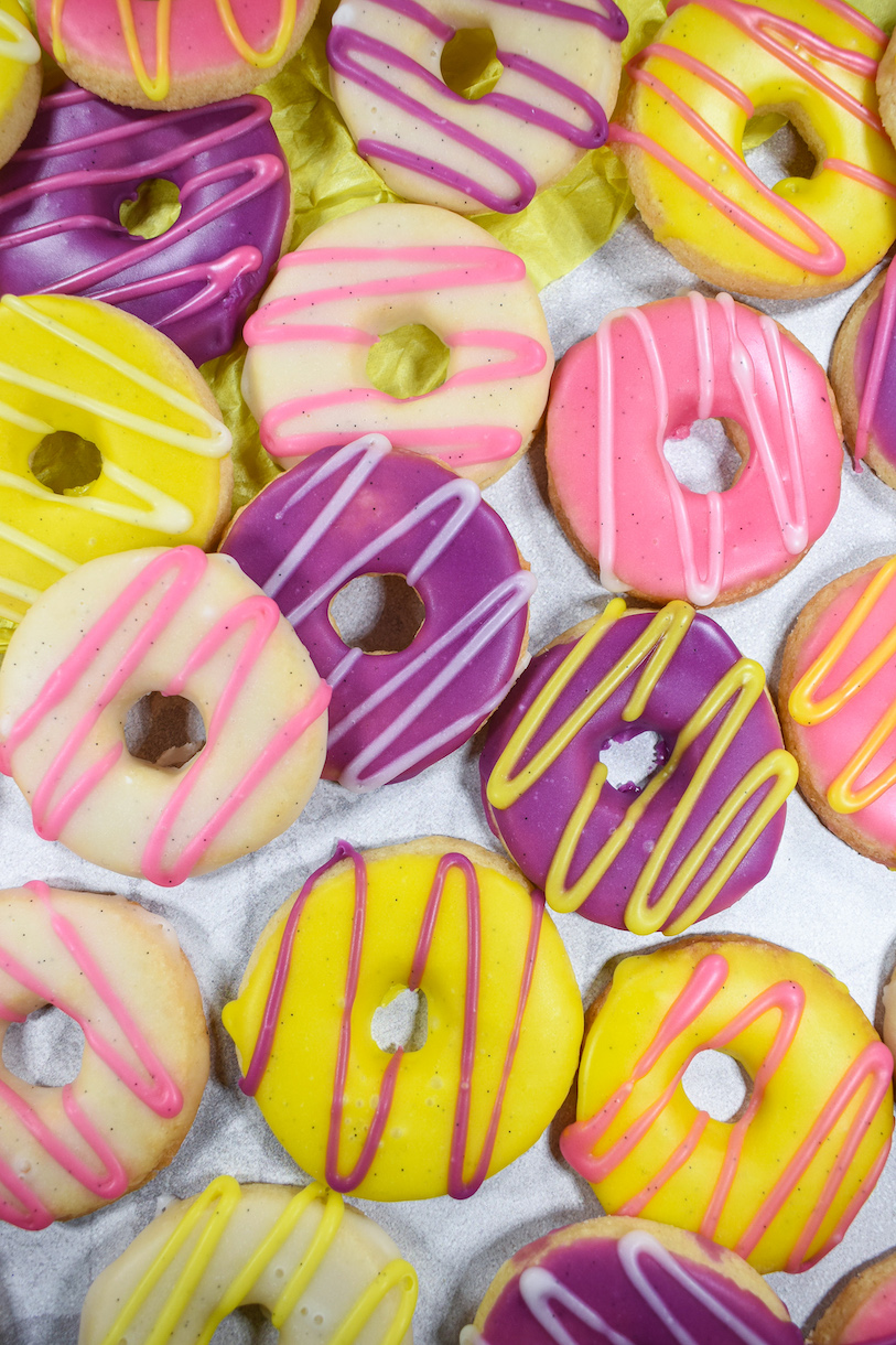 Party rings arranged on a white surface