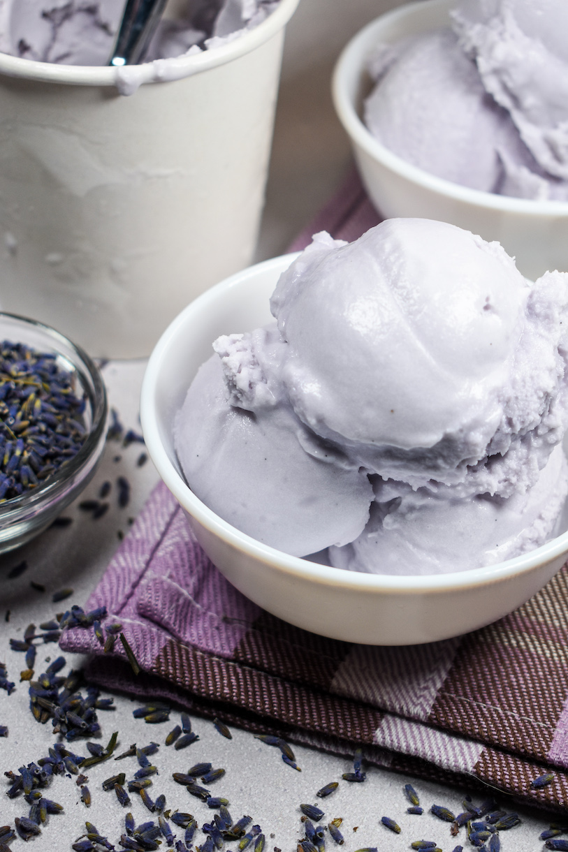 A bowl of lavender vanilla ice cream