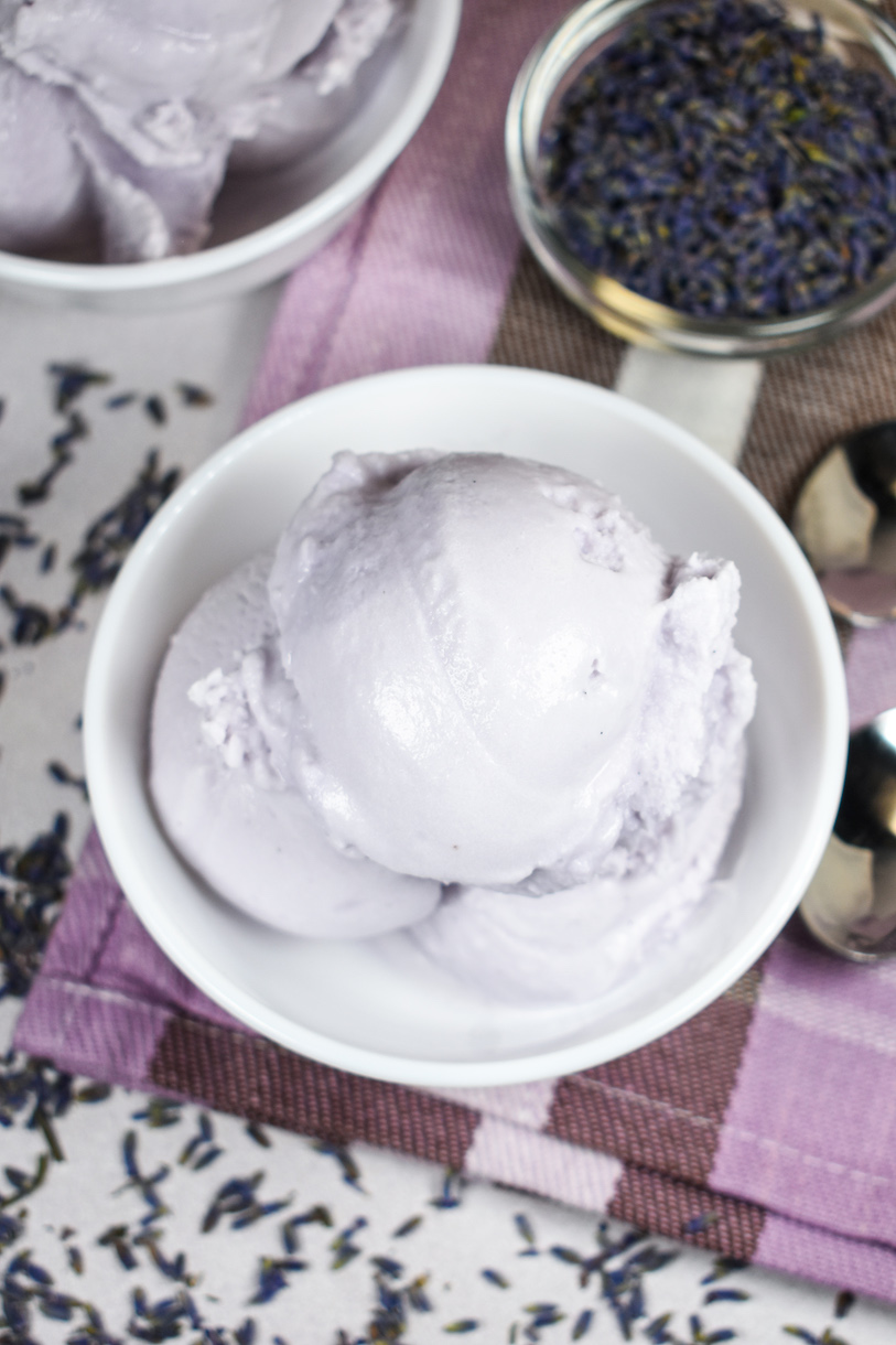 A bowl of homemade lavender vanilla ice cream