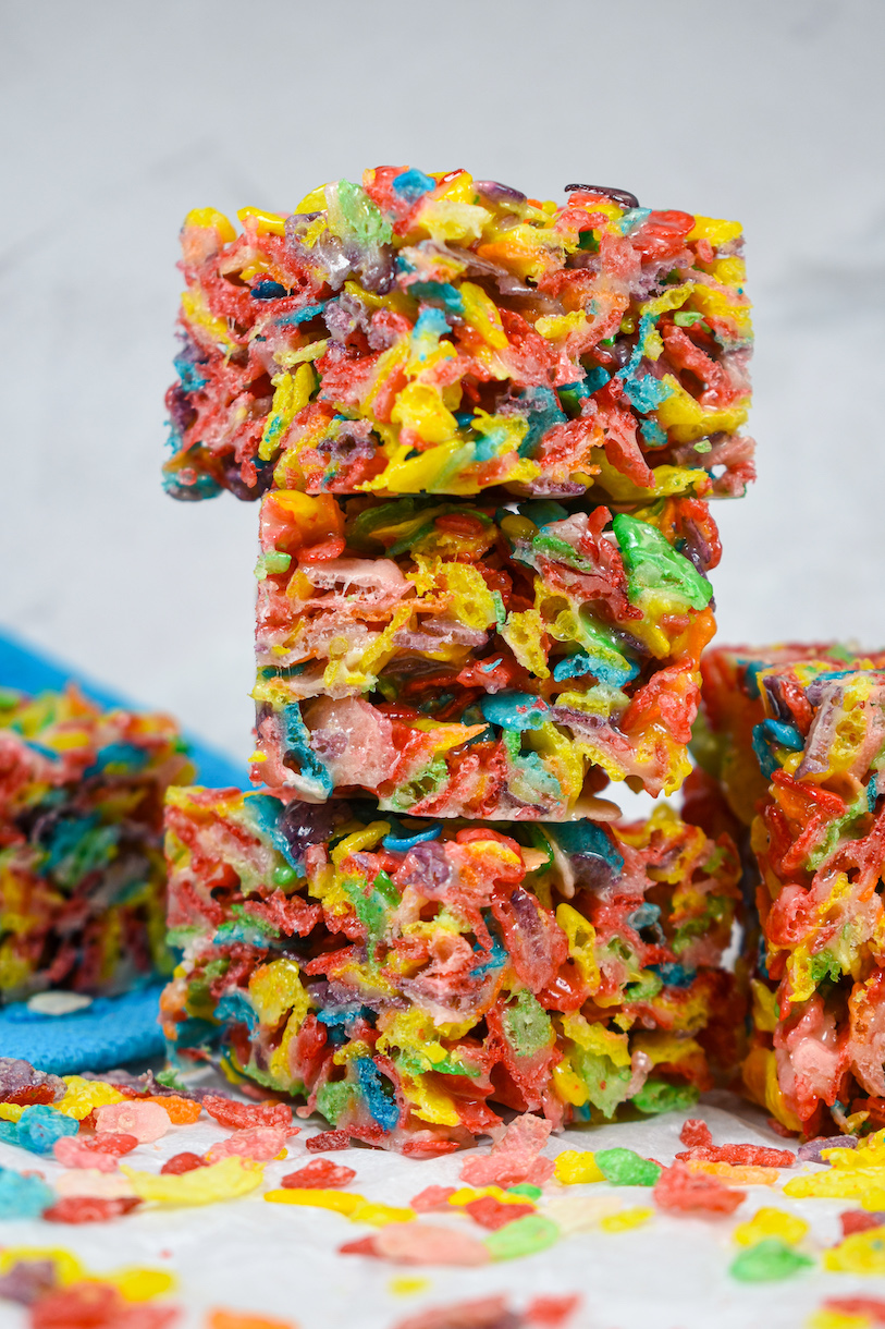 a stack of fruity pebble rice krispie treats