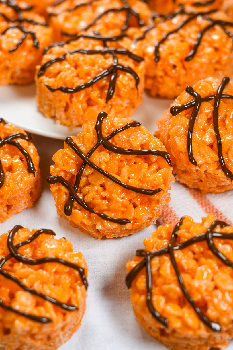 rice krispie basketballs on a striped towel