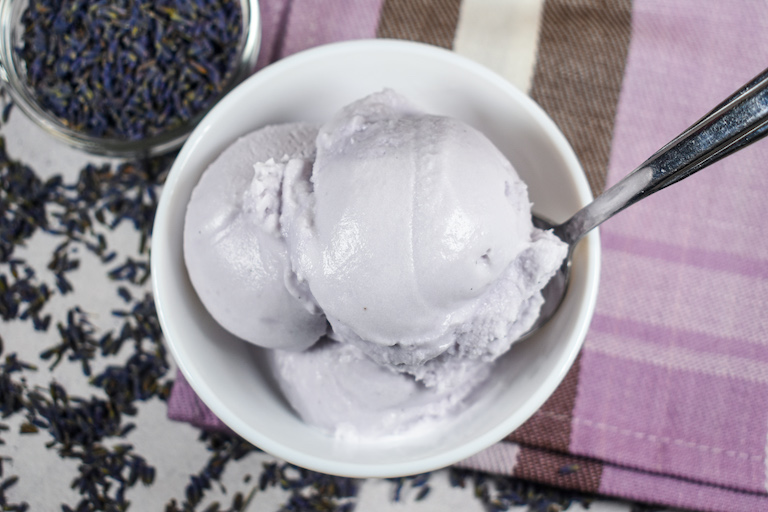 A bowl of homemade lavender ice cream