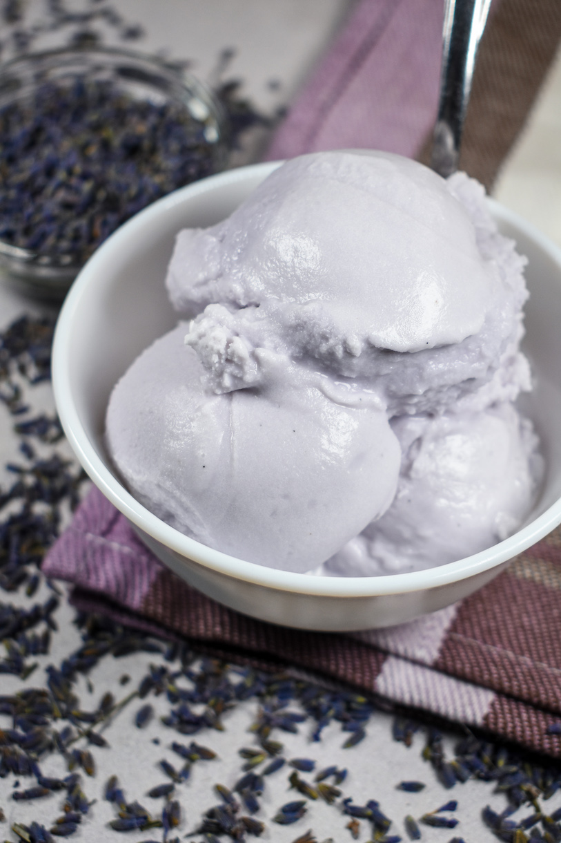 Bowl of lavender ice cream surrounded by dried lavender buds