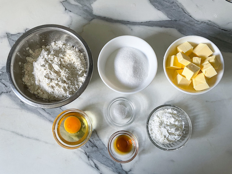 Ingredients for making homemade party ring biscuits