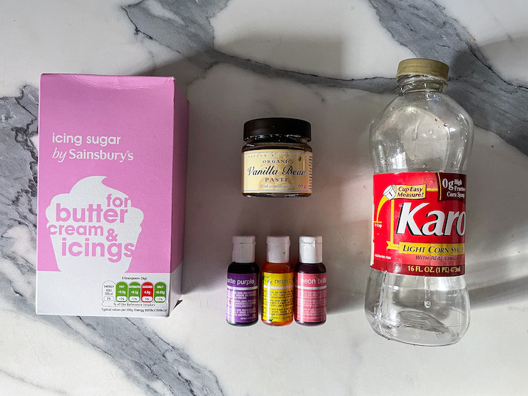 Ingredients for making party ring biscuit icing