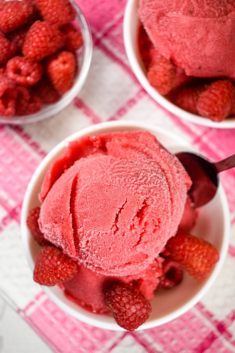 a dish of raspberry sorbet with fresh berries