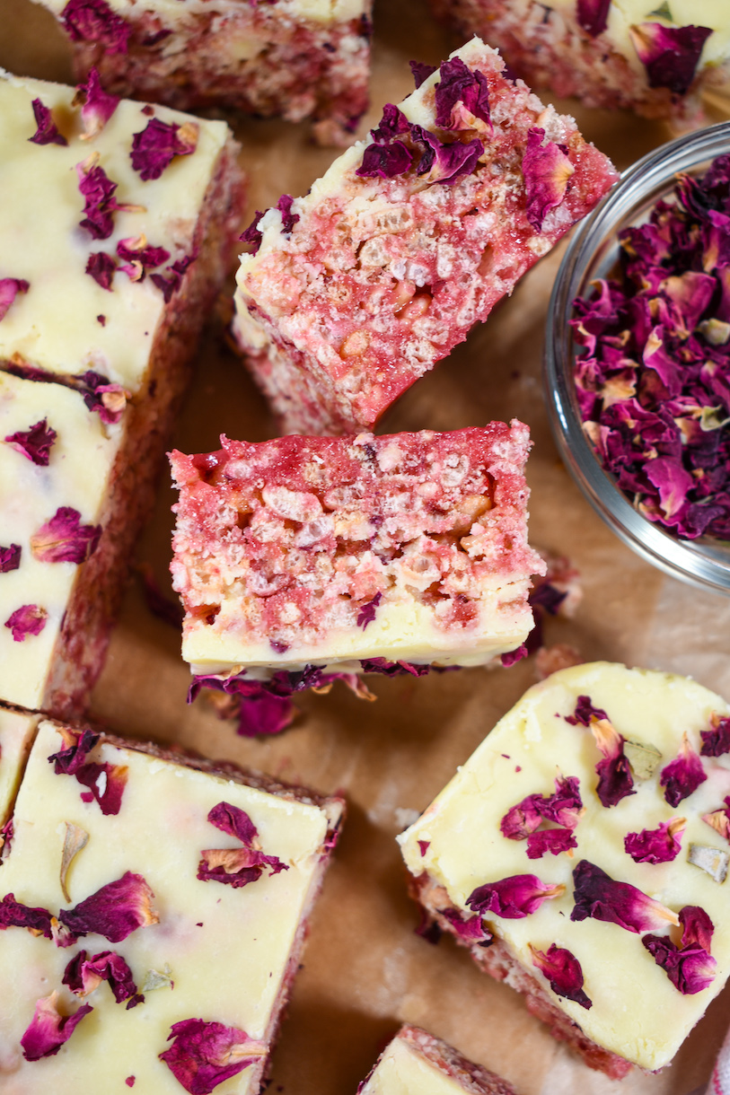 A pink krispie treat turned on its side