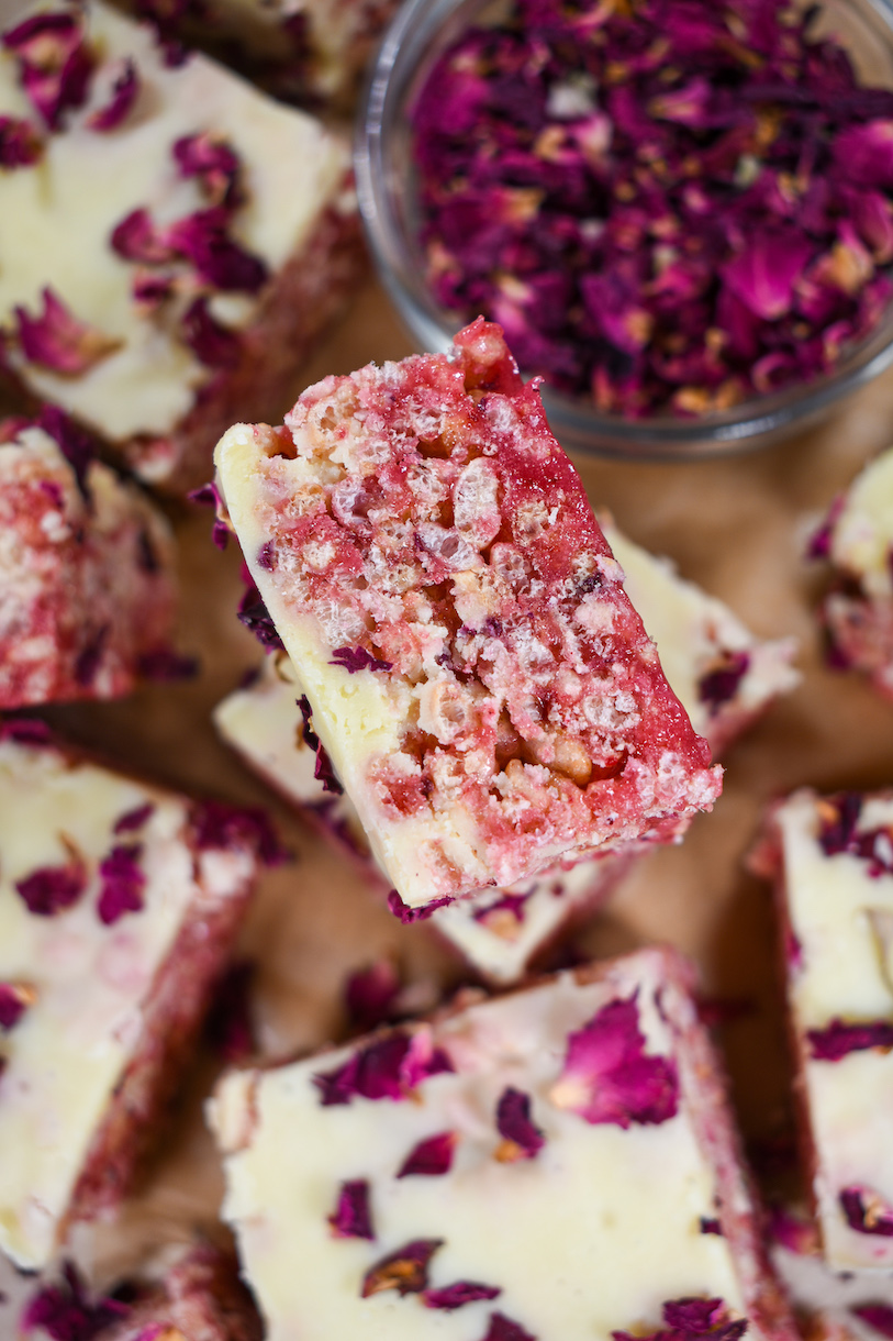 A pink and white cereal treat turned on its side