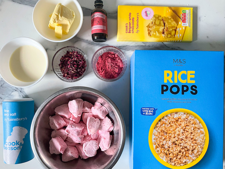 Ingredients for making rose and raspberry Rice Krispie treats