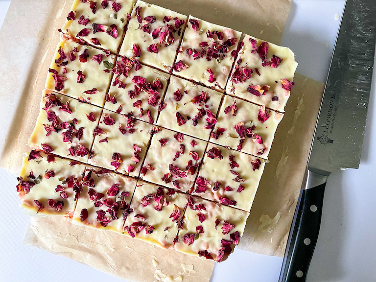 Rose and raspberry rice krispie treats sliced into squares
