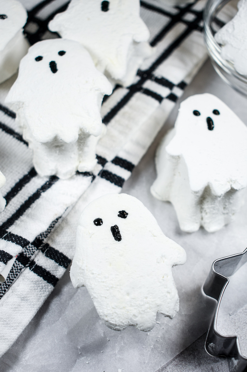 ghost marshmallows on a black and white plaid towel