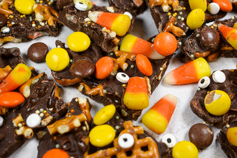 Halloween chocolate bark with candy corn and candy eyeballs