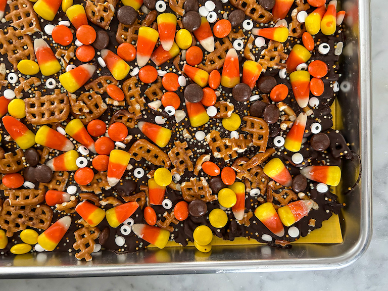 Halloween candy bark on a tray