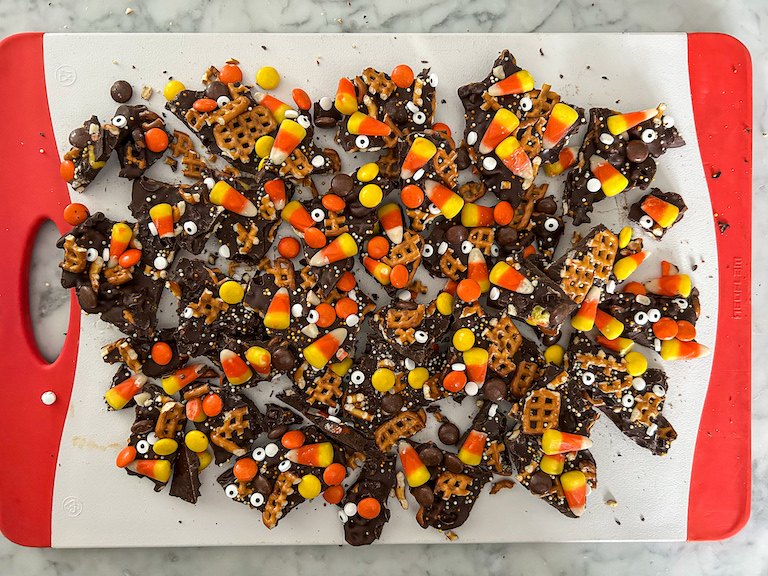 Pieces of chocolate bark on a cutting board